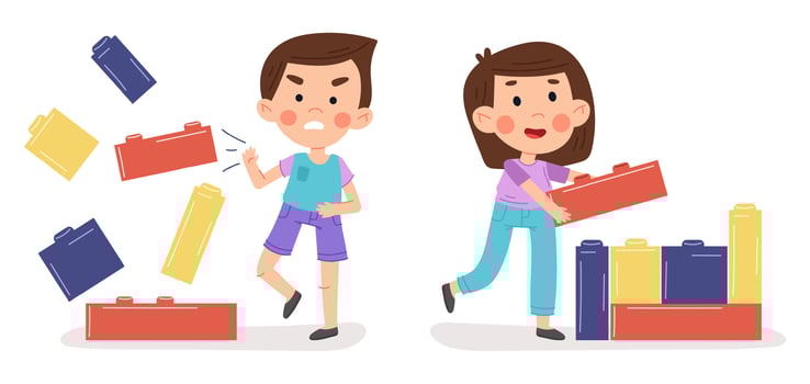 Cartoon good and bad behaviour. Little boy and girl playing and fighting together illustration. Children opposite behaviour vector