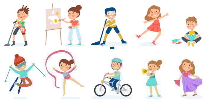 Kids creative and sport hobbies, baby musician, dancer, artist. Reading, painting, sport and dancing hobby illustration set. Kindergarten children activities vector