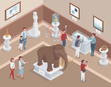 Isometric museum interior, history exposure, ancient exhibits. Museum room with visitors and guides illustration. Mammont, ancient vases and statues vector