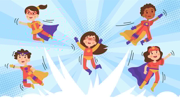 Child superhero, brave kid superhero cartoon characters. Cute kids in superhero poses background illustration. Strong children superheroes poster vector