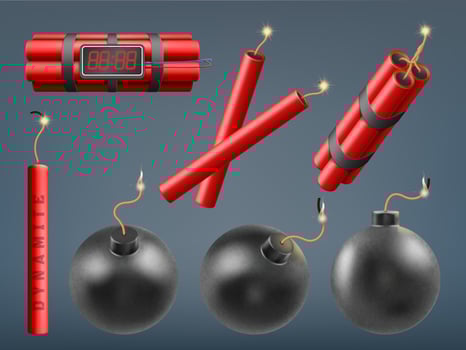 Realistic bombs, burning dynamite bomb sticks and explosive firecrackers. Dynamite bombs, explosive military weapon illustration set. Detonate dynamite sticks vector