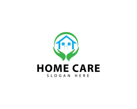 Simple Home Care Logo. Blue Geometric Silhouette Shape House Icon with Green Cross Plus Sign Combination isolated on White Background. Flat Logo Design Template Element. vector
