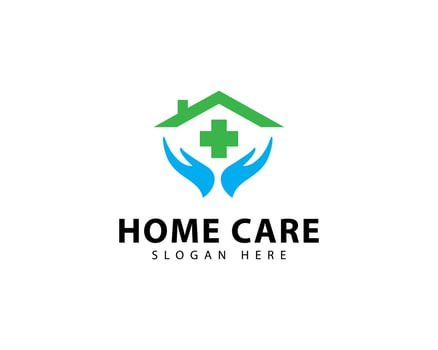 Simple Home Care Logo. Blue Geometric Silhouette Shape House Icon with Green Cross Plus Sign Combination isolated on White Background. Flat Logo Design Template Element. vector