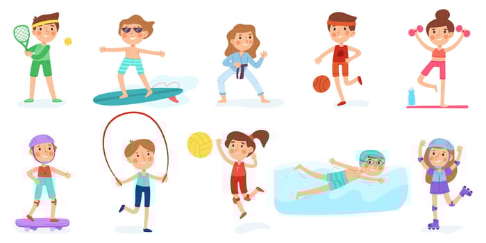 Kids sport exercise, children workout, boy and girl fitness characters. Children playing sports, swimming and tennis illustration set. Kids fitness mascots vector