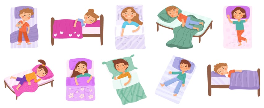 Sleeping kids, baby bedtime, little child napping characters. Kindergarten nap time, boys and girls sleep in beds illustration set. Children dream time vector