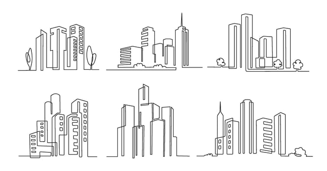 One line city. Skyscraper buildings, linear town cityscape and modern downtown or business district illustration set vector