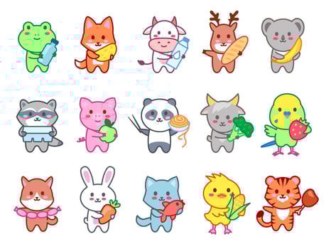 Kawaii animals hold food. Cute zoo character with tasty food products, animal mascot for foodstuffs Illustration set vector