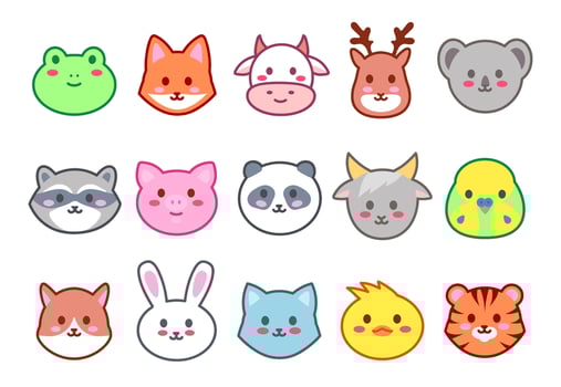 Kawaii animals. Cute zoo faces, smiling animal heads cartoon Illustration set vector