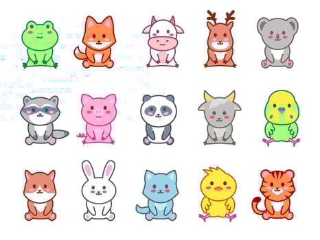 Sitting little animals. Kawaii zoo characters, cute animal with happy smile set vector