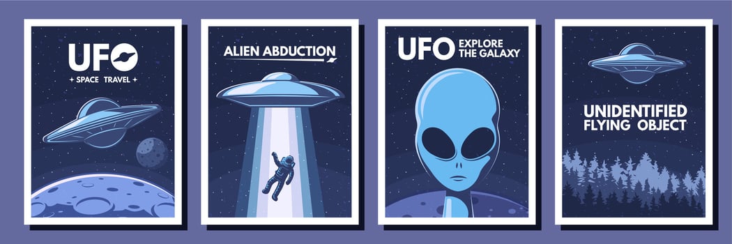 Space UFO posters. Retro alien, flying object and space travel Illustration set vector