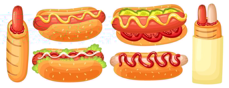 Cartoon hotdog. French hot dog, street food with sausage, sause and sesame seeds bun illustration set vector
