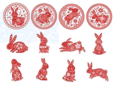 Zodiac rabbit. Chinese lunar new year animal with flowers ornaments, asian rabbits stamps and red horoscope Illustration set vector