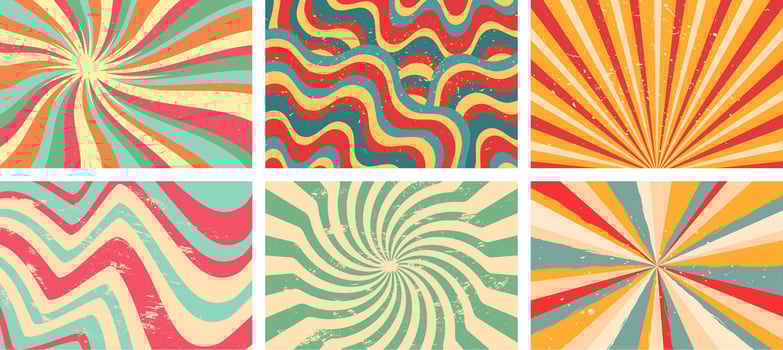 Groovy background. Starburst rays, colorful funky waves and vintage 60s hippie psychedelic wallpaper backdrop set vector
