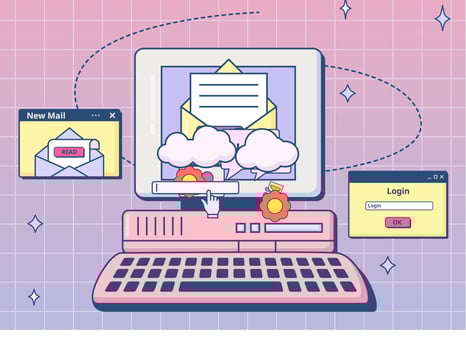 Retro ui mail. Email mailbox with envelope on 90s computer screen, internet nostalgia illustration vector