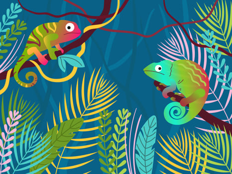 Chameleon forest. Fantasy tropical jungle forest with color lizards, reptile animals on branch illustration vector