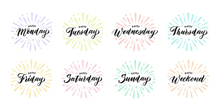 Happy week days lettering. Calligraphic weekend and weekday names with burst splash, handwritten diary titles set vector