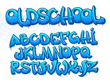 Old school graffiti font. Cartoon alphabet capital letters in street art style with paint smudges and depth effect, urban lettering designer set vector