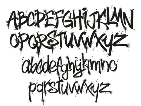 Graffiti tags marker font. Street art lettering designer, urban typography letters and alphabet with tag marker splatter set vector