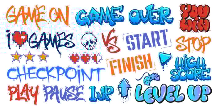 Gaming graffiti. Game over street art, level up and you win lettering. Play and pause, start and finish sprayed tags set vector