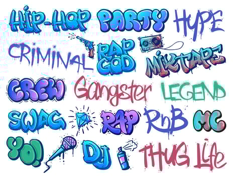 Rap graffiti. Hip-hop legend, RnB party and gangster crew street art calligraphy tags with grunge paint texture set vector