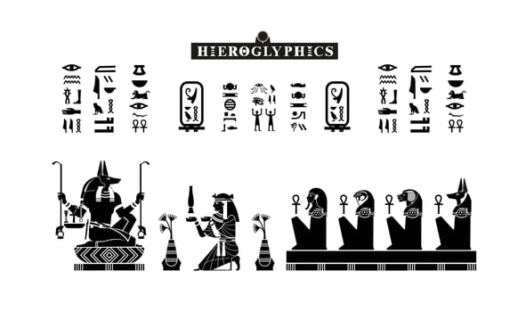 Egyptian papyrus with gods and goddesses offering to anubis in silhouette. Ancient Egyptian gods and goddesses in historical hieroglyphic paper art. illustration isolated on white. Ancient Egyp vector