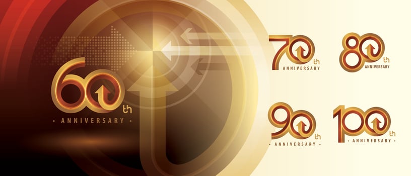 60, 70, 80, 90, 100 year Anniversary logo design, Sixty to Hundred years Anniversary Logo for celebration event, Abstract Circle Arrow vector