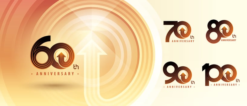 60, 70, 80, 90, 100 year Anniversary logo design, Sixty to Hundred years Anniversary Logo for celebration event, Abstract Circle Arrow vector