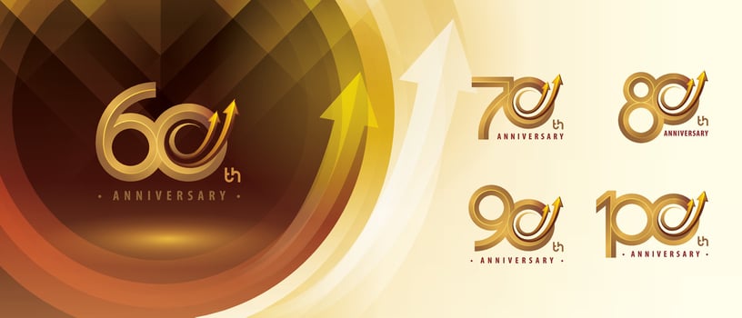 60, 70, 80, 90, 100 year Anniversary logo design, Sixty to Hundred years Anniversary Logo for Celebration event, Abstract Gold Circle Arrow, Growth to Success Concept, Upward Curved Arrow Right to Top vector