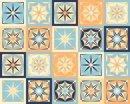 Seamless pattern with square ceramic tiles. Ornamental textile background. Colorful folk patchwork vector