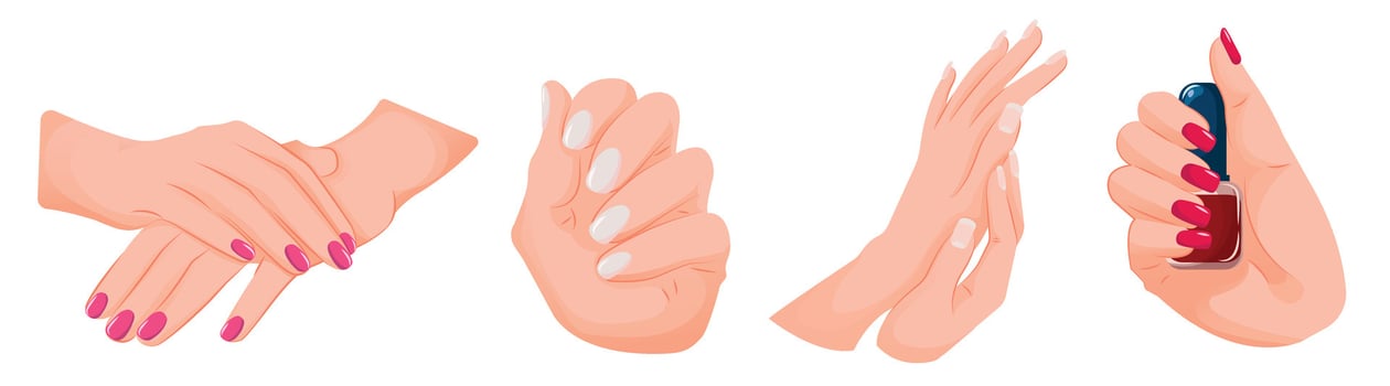 Nails beauty. Set pf hands with manicure, nude, red and pink polished nails. Beauty concept, nail polish, nail design. Illustration for beauty salon isolated on white background. vector