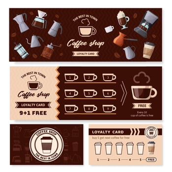 Coffee cafe loyalty card. Collecting stamps coupon, cafe gift bonus and get cup for free voucher template vector