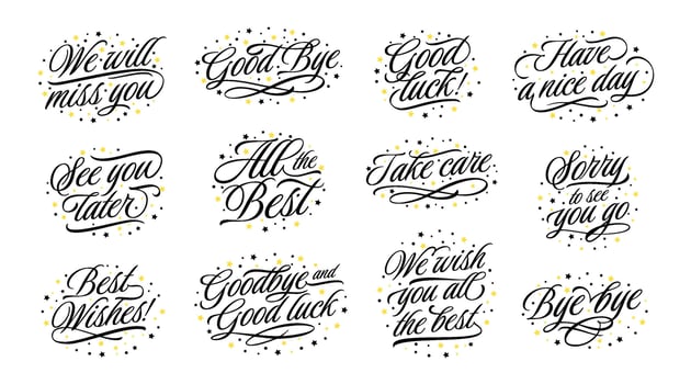 Handwritten farewells. Goodbye message lettering, good luck tag and all the best. Typography farewell sign set vector