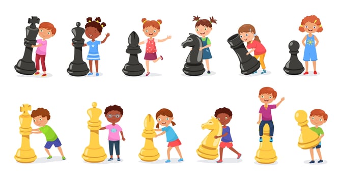 Kids with giant chess figures. Cartoon child playing chess game with huge pawn, horse and king figure Illustration set vector