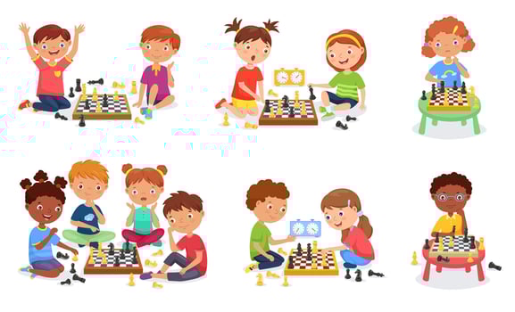 Kids play chess. Young boys and girls playing in chess club, strategy game illustration set vector