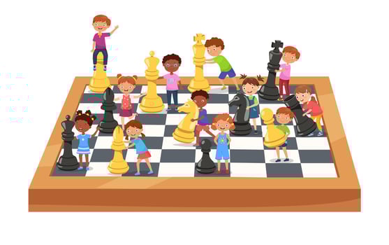 Children play giant chess. Boys and girls play with bishop, queen and knight figures on huge chessboard cartoon illustration vector