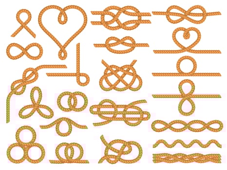 Nautical rope knots. Nautical knot ornaments, yacht style dividers and marine ropes frame boarder decoration set vector
