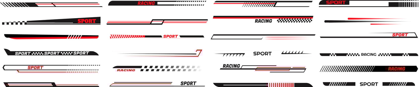 Race car lines. Sport stripes vinyl stickers, racing vehicle tuning and speed line set vector