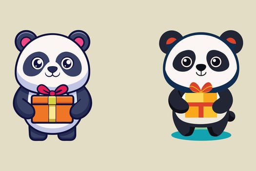 Cute panda stands with a gift box in his hands art illustration vector