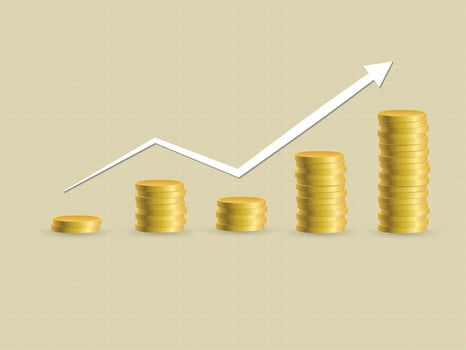 Investment growth with slight fluctuations using gold coins in business sector illustration vector