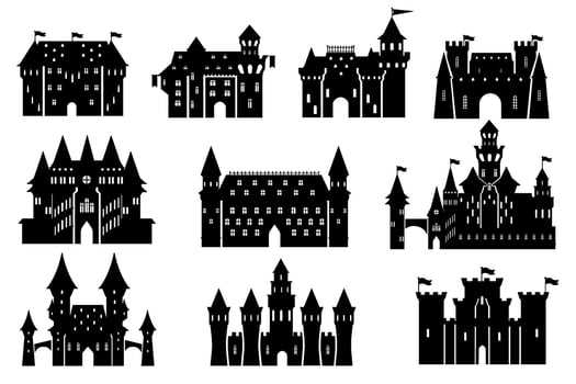 Castle silhouettes. Royal tower exterior, medieval kingdom palace and old fortress stencil illustration set vector