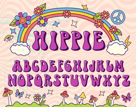 Hippie stylized font. Groovy alphabet, seventies letters for nostatgic lettering design. Retro typeface vector