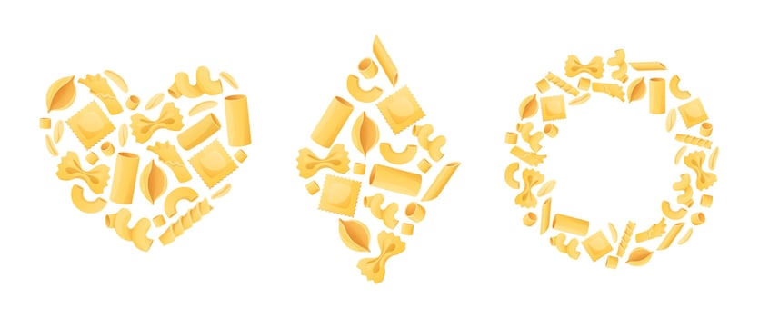 Pasta icons. Heart shape poster, diamond shape and circle frame with macaroni background set vector