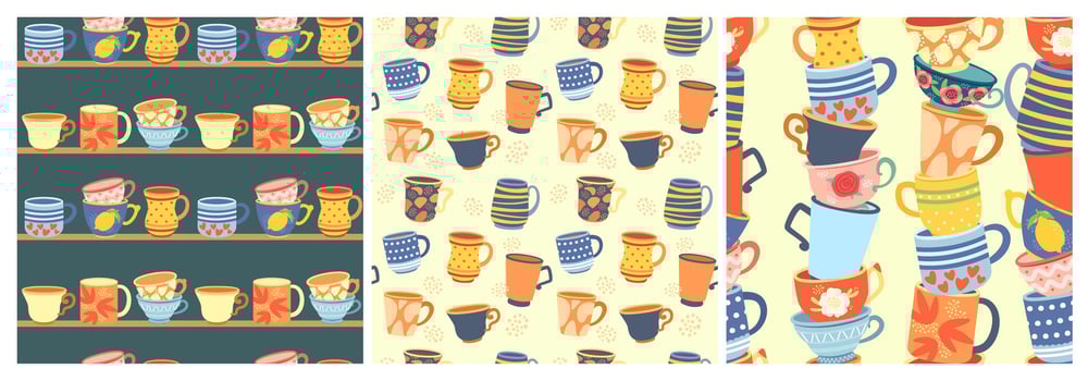 Cups seamless patterns. Coffee cup, stacked mugs and pottery teacups. Kitchen backgrounds set vector