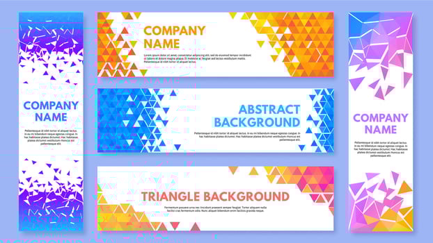 Color triangles banner. Abstract triangulation elements background, geometric corners with triangle cells pattern set vector