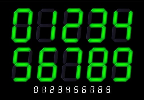 Segmented lcd display numbers. Digital time timer signs, tech clock count or retro led calculator screen font set set vector