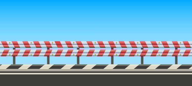 Roadside with guard rail. Highway side with safety roadguard fence, striped crash barrier and traffic protection background illustration vector