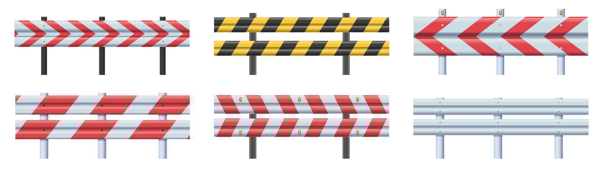 Guard rails. Highway roadside barrier, striped caution guardrail and road safety metal fence set vector