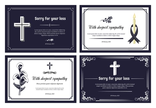 Funeral card layout. Condolence banner with deepest sympathy and sorry for your loss. Frame borders decorative template set vector