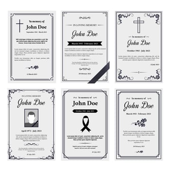 Condolence obituary card layout. In loving memory of, funerals invitation cover with black ribbon corner and grief sheet set vector