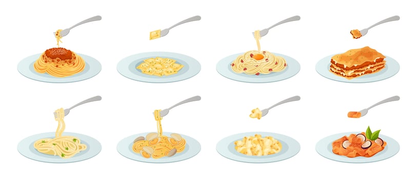 Cartoon pasta dishes. Carbonara with egg, bolognese and lasagna on fork. Homemade Italian macaroni meal with sauce, food illustration set vector
